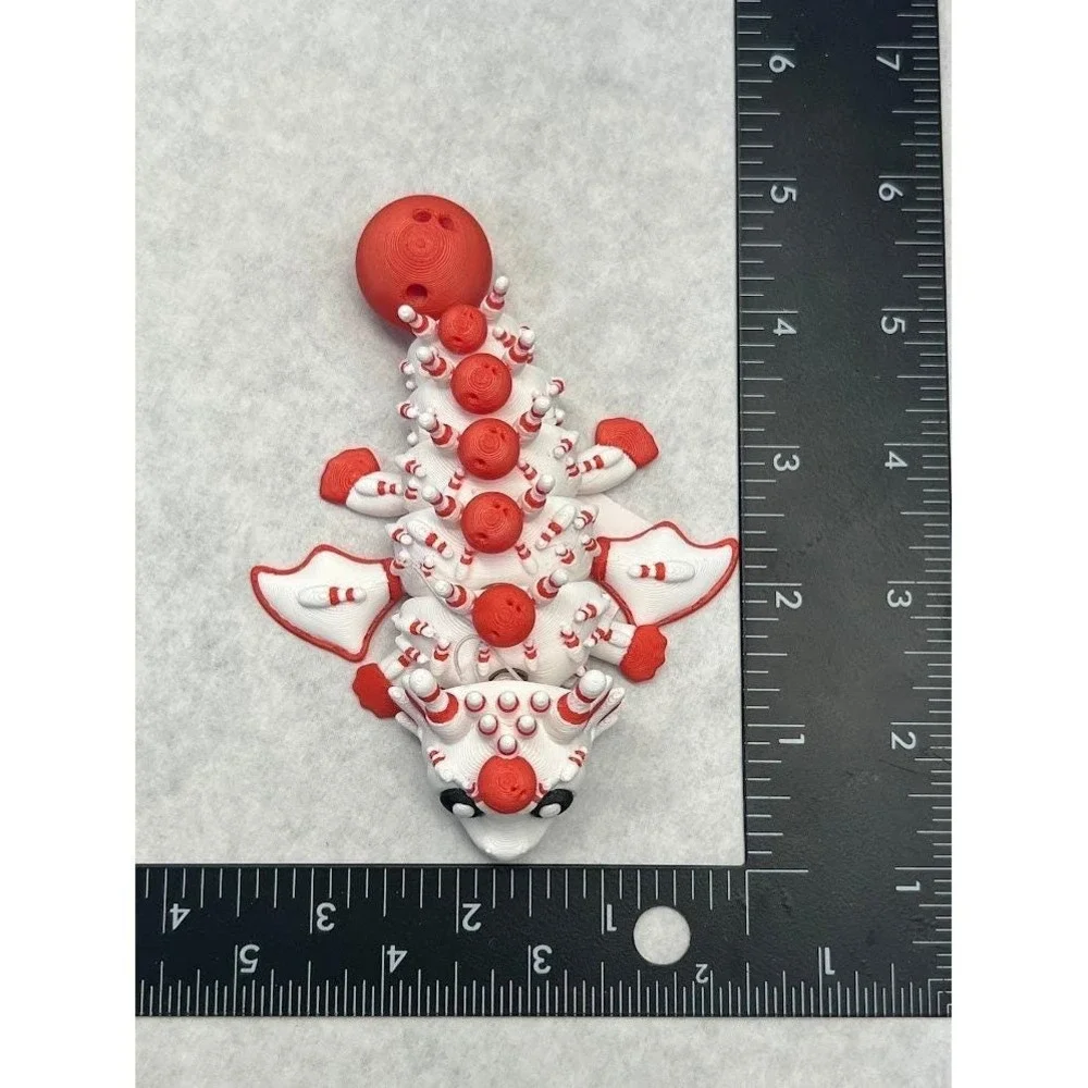 3D Printed Articulated Peppermint Dragon Fidget Toy Red Bowling 5.5in